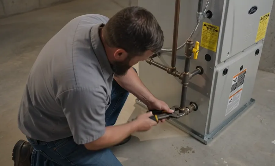 Technician servicing the gas line on a home furnace