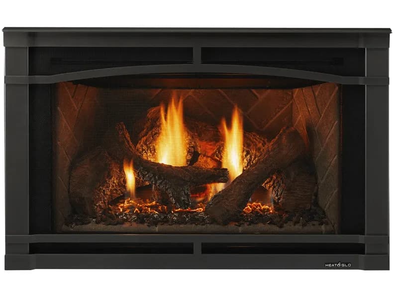 Heat & Glo gas fireplace insert with log set and black surround