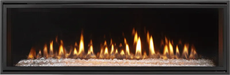Heat & Glo Mezzo wide linear gas fireplace with glass media