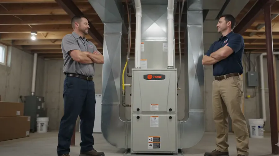 Technicians standing beside a newly installed Trane furnace and ductwork